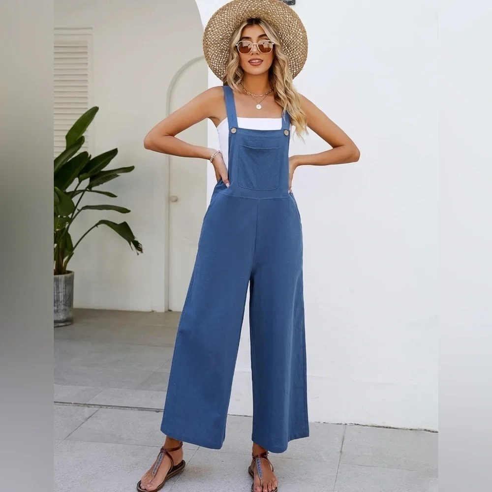 Baggy Comfy Overalls Casual Cotton Loose Fit Wide Leg Jumpsuit Adjustable Strap - Picture 3 of 10